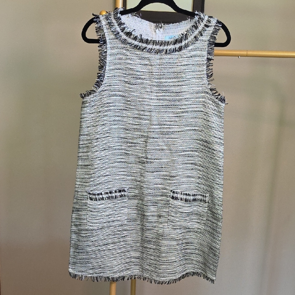 She + Sky Black & White Fringe-Trim Tweed Mini Dress